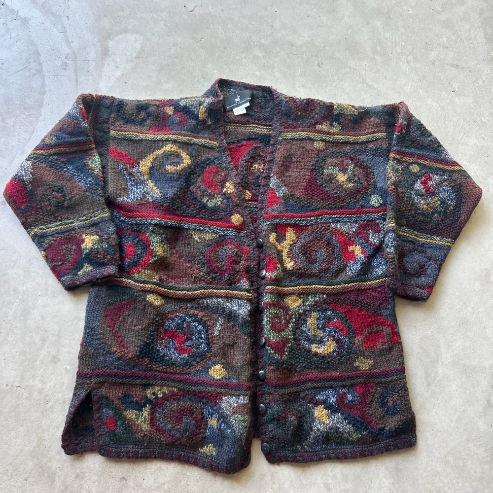 Peruvian Connection 100% Wool Intarsia Knit Cardigan Sweater XL Multi-Color